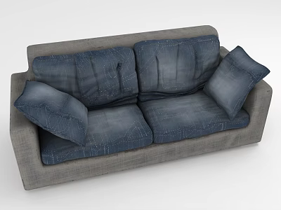 Gray Frame Two Seater Sofa With Blue Denim Cushions And Pillows 3d model