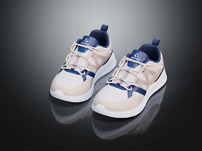 Lightweight Beige And Blue Running Shoes With Mesh Upper White Sole Lace Up Design 3d model