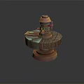 Detailed 3D Model Of Mechanical Device On Circular Wooden Platform With Orange Components
