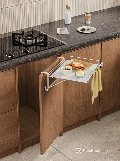 Wooden Kitchen Cabinets With Pull Out Shelf Holding Food Items And Yellow Towel 3d model 
