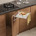 Wooden Kitchen Cabinets With Pull Out Shelf Holding Food Items And Yellow Towel