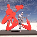 Artistic Red Wǔ Character Sculpture Featuring Standing Human Figure Under Blue Sky On Open Ground