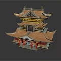 Ancient Chinese Architecture Multi Layered Structure With Orange Tiled Roof Overhanging Eaves And Red Pillars