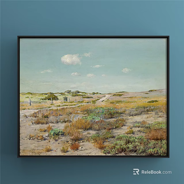 Scenic Landscape Painting With Blue Sky White Clouds Rolling Sand Dunes and Lush Bushes 3d model 