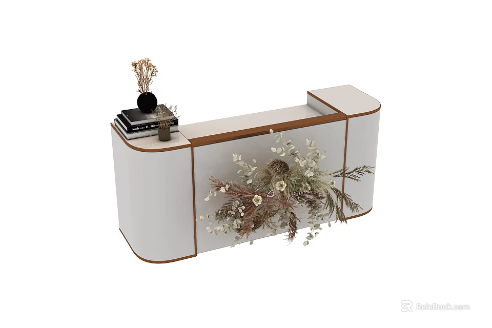 Modern Reception Desk With Wooden And White Design Decorative Dried Flowers Books And Black Vase 3d model 