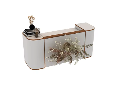Modern Reception Desk With Wooden And White Design Decorative Dried Flowers Books And Black Vase 3d model