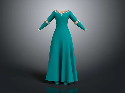Teal Floor Length Long Sleeve Dress With Decorative Neckline And Trimmed Cuffs 3d model