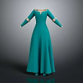 Teal Floor Length Long Sleeve Dress With Decorative Neckline And Trimmed Cuffs