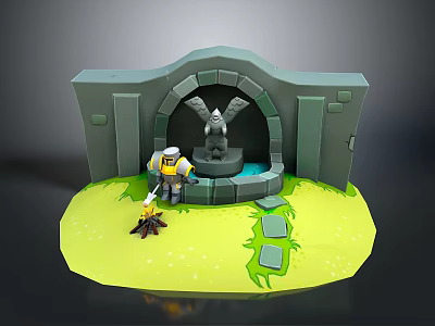 Man holding sword standing near campfire by arch stone gate with eagle sculpture and fountain 3d model