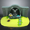 Man holding sword standing near campfire by arch stone gate with eagle sculpture and fountain