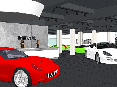 Car Dealership Showroom With Red White Green Luxury Cars And Front Desk Staff 3d model