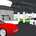 Car Dealership Showroom With Red White Green Luxury Cars And Front Desk Staff