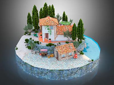 Cartoon Scene Featuring Circular Island Red Roof Houses Green Trees Blue Water and Paved Ground 3d model