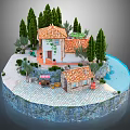 Cartoon Scene Featuring Circular Island Red Roof Houses Green Trees Blue Water and Paved Ground