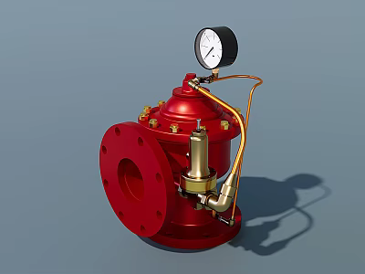 Red Fire Fighting Equipment Valve With Pressure Gauge And Pipe Connection 3d model