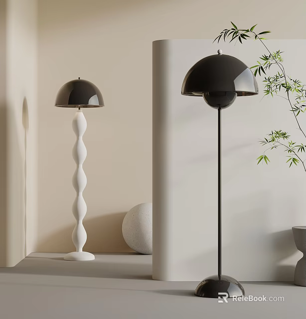 Modern Floor Lamps With White Spiral Base Black Lampshade Green Plants And Round Decor 3d model 