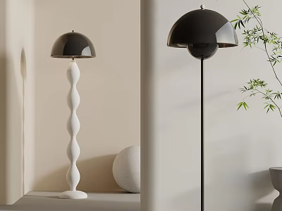 Modern Floor Lamps With White Spiral Base Black Lampshade Green Plants And Round Decor 3d model