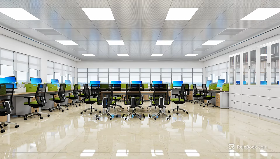 Public Office Space With Open Layout Workstations Computers Ergonomic Chairs Bright Lights And Large Windows 3d model 