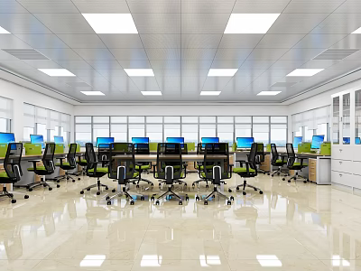Public Office Space With Open Layout Workstations Computers Ergonomic Chairs Bright Lights And Large Windows 3d model