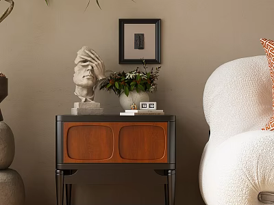 Wooden Console Table in Beige Living Room With Sculpture Flower Vase and Picture Frame 3d model