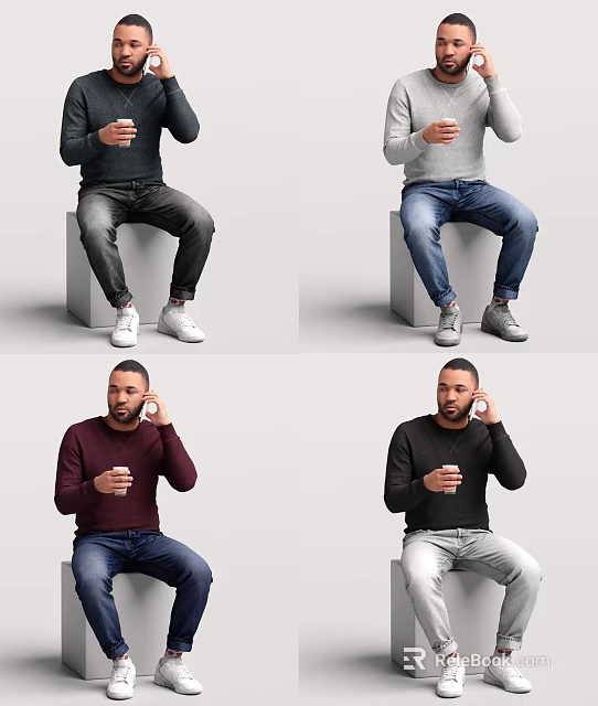 Men sitting on cubes holding smartphones and cups wearing various colored sweaters jeans and shoes 3d model 
