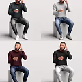 Men sitting on cubes holding smartphones and cups wearing various colored sweaters jeans and shoes