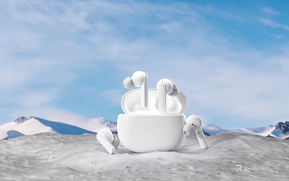 White Wireless Earbuds With Charging Case On Snowy Mountain Under Blue Sky 3d model