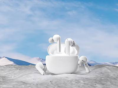 White Wireless Earbuds With Charging Case On Snowy Mountain Under Blue Sky 3d model