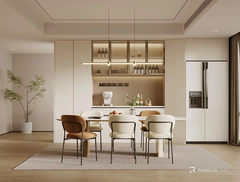 Modern Dining Room Interior With Dining Table Mixed Chairs Pendant Lights And Green Plant 3d model 