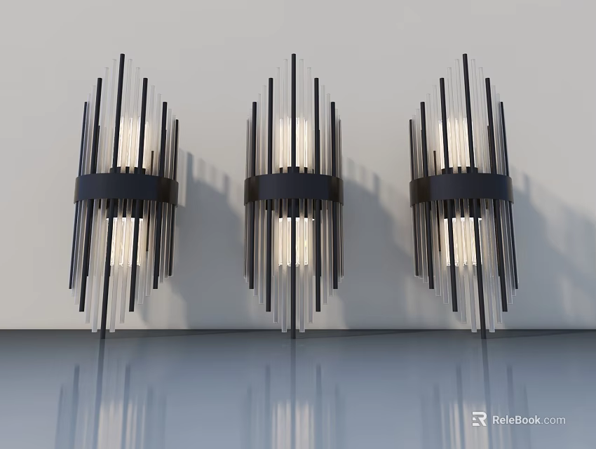 Sleek Swing Door Design Featuring Black Wall Lamps On White Wall With Reflective Floor 3d model 