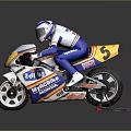 Racing Motorcycle With Blue Yellow Orange Livery Rider In Suit And Helmet Displaying Sponsor Logos