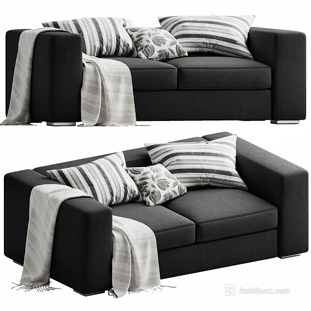 Modern Dark Gray Two Seater Sofa With Striped Patterned Pillows And Soft Blanket Design 3d model
