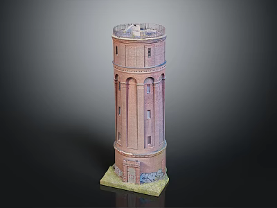 Red Brick Cylindrical Tower Model With Base Windows And Detailed Top Structure 3d model