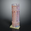 Red Brick Cylindrical Tower Model With Base Windows And Detailed Top Structure 3d model