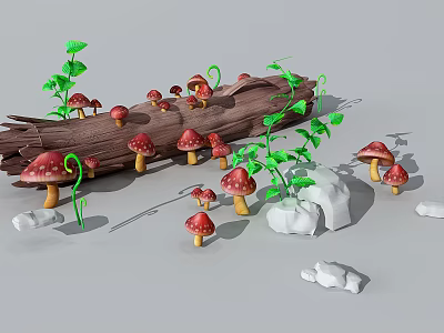 Red White Spotted Mushrooms On Log With Green Vines And White Stones 3d model