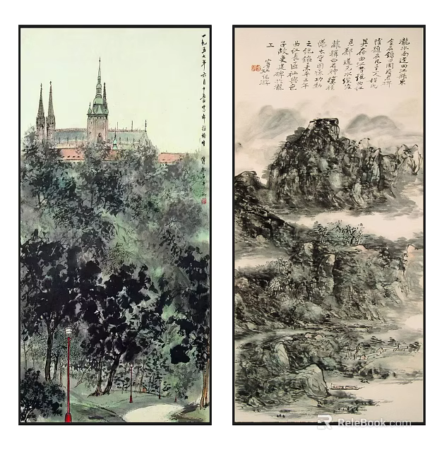 Traditional Chinese Landscape Painting With Spire Building Trees Mountains And Clouds 3d model 