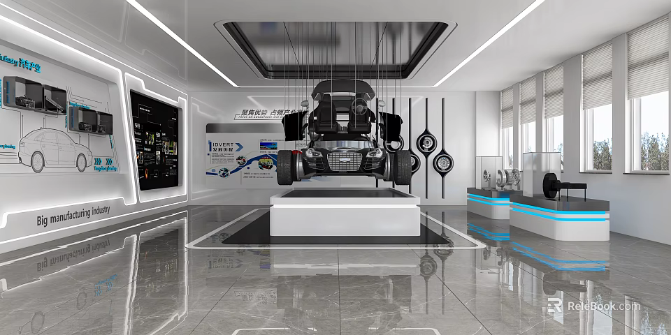 Modern Car Showroom With Suspended Black Car Display Screens Charts And Exhibition Counters 3d model 