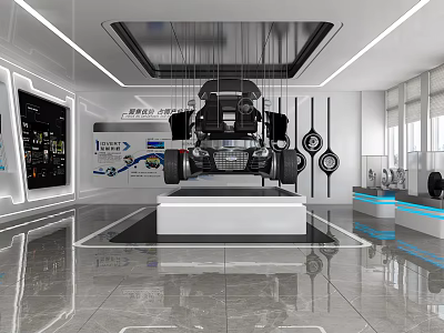 Modern Car Showroom With Suspended Black Car Display Screens Charts And Exhibition Counters 3d model