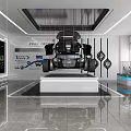 Modern Car Showroom With Suspended Black Car Display Screens Charts And Exhibition Counters