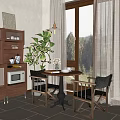 Cozy Dining Table Set With Wooden Chairs Pendant Light And Green Plant By Window