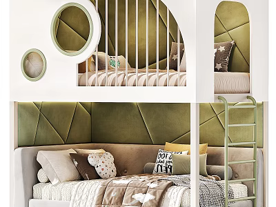 Cozy Kids Bed with Green Padded Headboard Ladder Pillows Soft Blanket and Circular Decorations 3d model