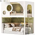 Cozy Kids Bed with Green Padded Headboard Ladder Pillows Soft Blanket and Circular Decorations