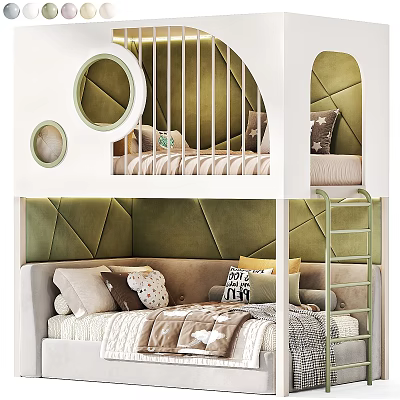 Cozy Kids Bed with Green Padded Headboard Ladder Pillows Soft Blanket and Circular Decorations 3d model