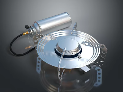 Portable Silver Gas Stove With Gas Canister Metal Stand And Circular Burner 3d model