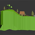 Cartoon Scenic Landscape With Green Terrain Trees Pond Bridge Yellow Path And Small House