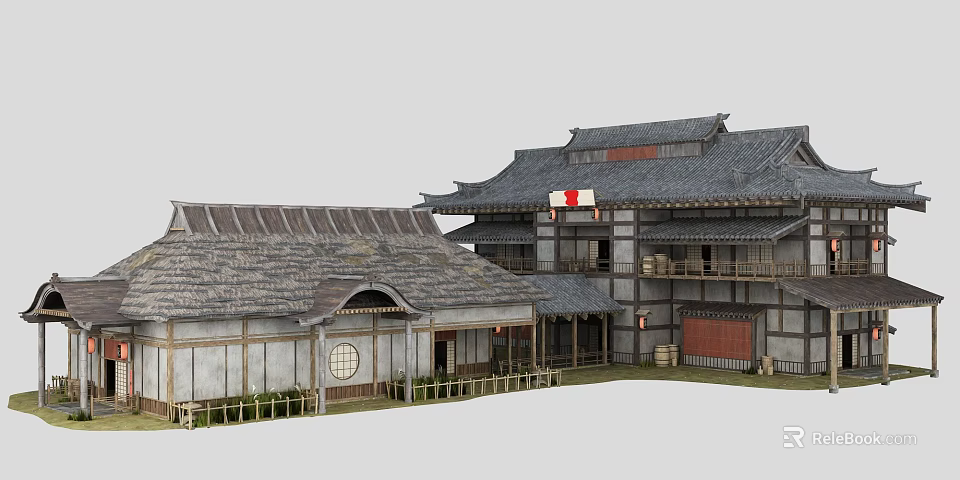 Traditional Japanese Tower Featuring Gray Tile Roof Wooden Structure and Red White Flag 3d model 