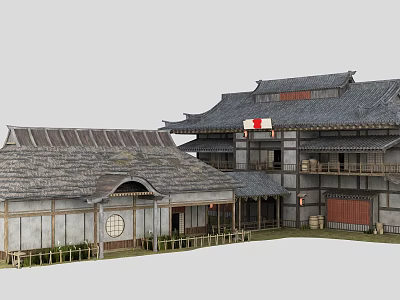Traditional Japanese Tower Featuring Gray Tile Roof Wooden Structure and Red White Flag 3d model