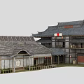 Traditional Japanese Tower Featuring Gray Tile Roof Wooden Structure and Red White Flag