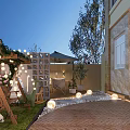 Elegant Garden Landscape With Outdoor Wooden Deck Patio Furniture Green Plants And Umbrella