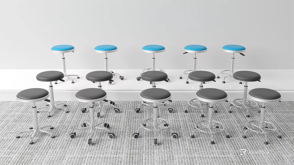 Wheeled Stools With Blue And Gray Seats Against White Wall On Gray Carpet 3d model 
